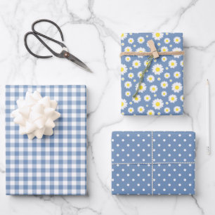 Pastel Blue Gingham Daisy Flower Polka Dot Pattern Inpakpapier Vel