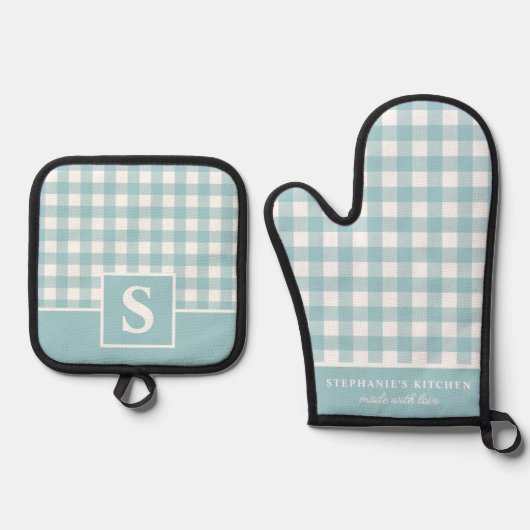 Pastel Blue Gingham Plaid geruit monogram Ovenwant & Pannenlap Set (Voorkant)