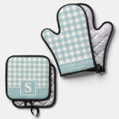 Pastel Blue Gingham Plaid geruit monogram Ovenwant & Pannenlap Set (Voorkant / Achterkant)