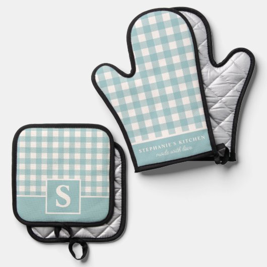 Pastel Blue Gingham Plaid geruit monogram Ovenwant & Pannenlap Set (Voorkant / Achterkant)