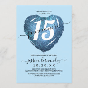 Pastel Blue Glitter Heart Balloon Quinceañera Kaart