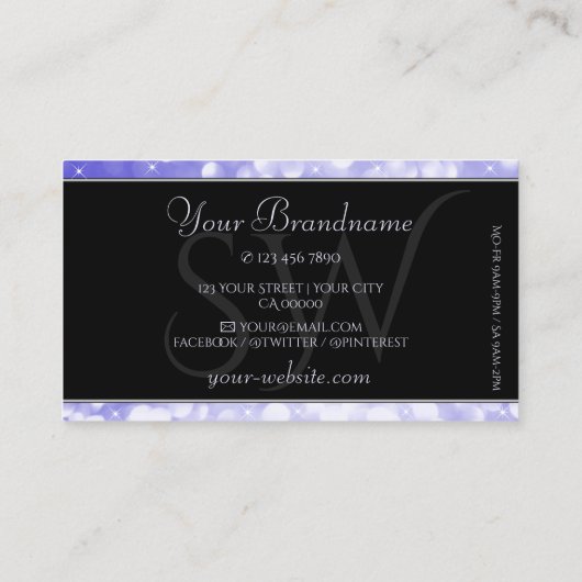 Pastel Blue Glitter Sparkle Stars Initialen Black Visitekaartje (Achterkant)