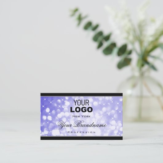 Pastel Blue Glitter Sparkle Sterren met Logo Zwart Visitekaartje (Staand voorkant)