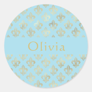 Pastel Blue Gold Fleur De Lis op persoonlijke tite Ronde Sticker
