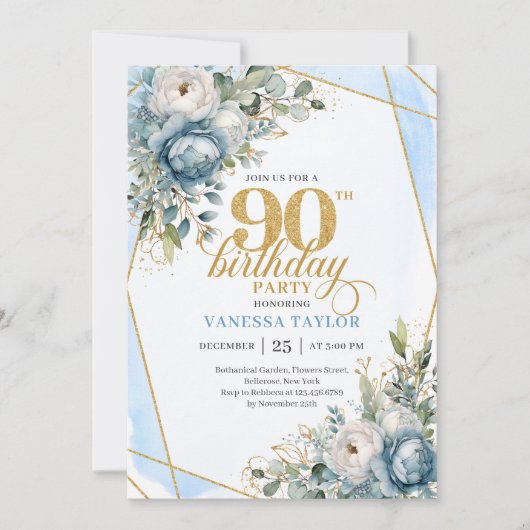 Pastel blue gold frame stylish floral 90 birthday kaart (Voorkant)