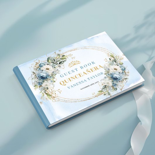 Pastel Blue Gold Greenery 15th Birthday Guest Book Gastenboek