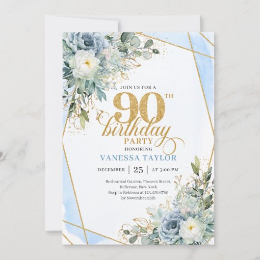 Pastel blue gold greenery luxe script 90 birthday kaart (Voorkant)