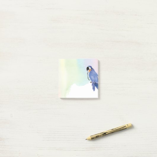 Pastel Blue & Gold Macaw Waterverf Parrot + Naam Post-it® Notes (Op bureau)