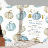 Pastel Blue Gold Oh Boy Pumpkin Baby shower Kaart