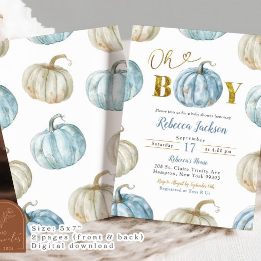 Pastel Blue Gold Oh Boy Pumpkin Baby shower Kaart