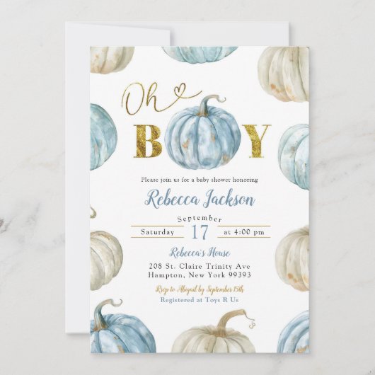 Pastel Blue Gold Oh Boy Pumpkin Baby shower Kaart (Voorkant)