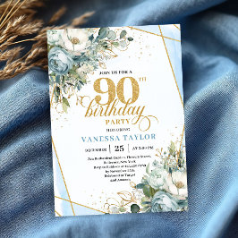 Pastel blue gold shimmer floral 90th birthday  kaart