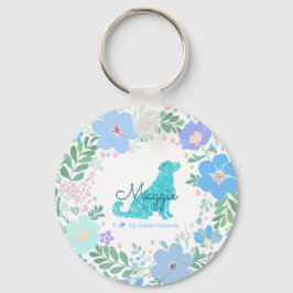 Pastel Blue Golden Retriever Floral Photo & Name Sleutelhanger