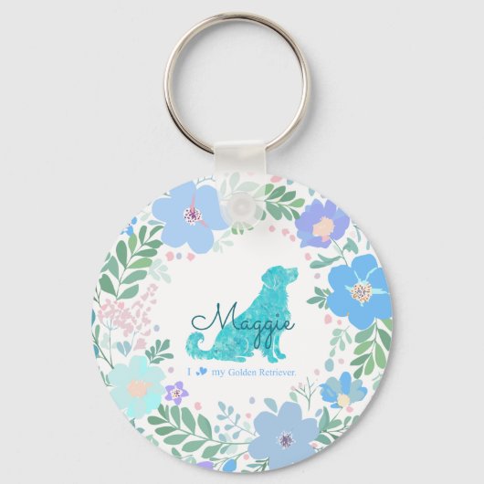 Pastel Blue Golden Retriever Floral Photo & Name Sleutelhanger (Voorkant)