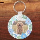 Pastel Blue Golden Retriever Floral Photo & Name Sleutelhanger (Achterkant)