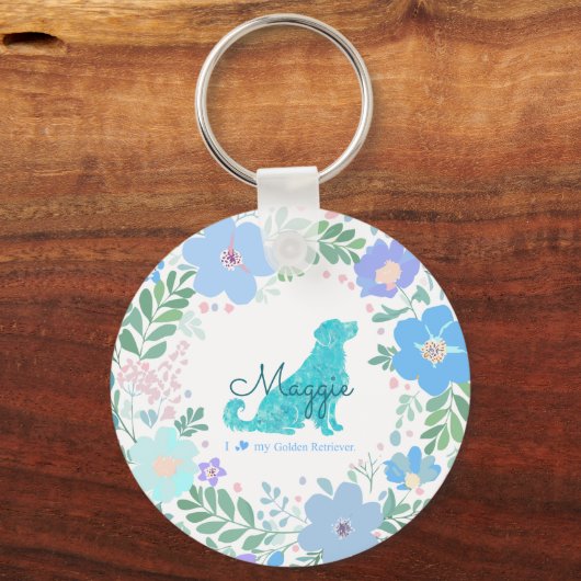 Pastel Blue Golden Retriever Floral Photo & Name Sleutelhanger (Voorkant)