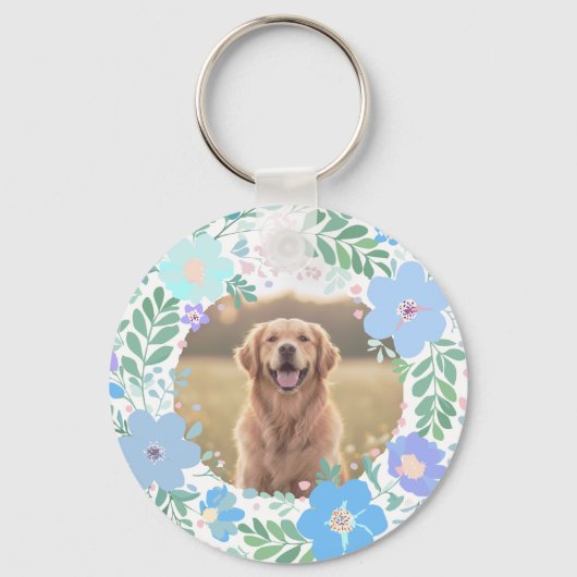 Pastel Blue Golden Retriever Floral Photo & Name Sleutelhanger (Achterkant)