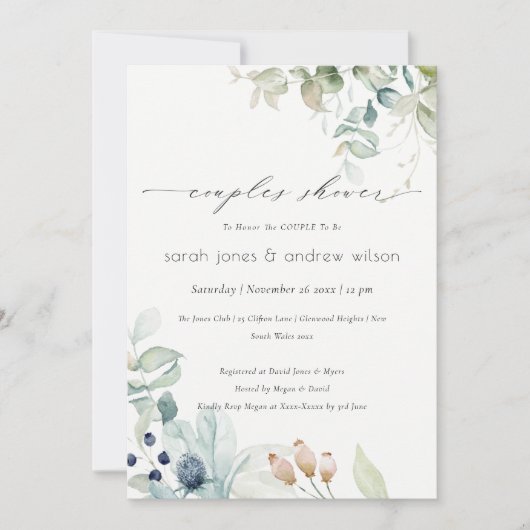 Pastel Blue Green Foliage Couples Shower Invite Bedankkaart (Voorkant)