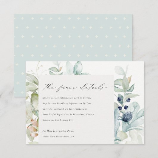 Pastel Blue Green Foliage Lijst Weddenschap Detail Informatiekaartje (Voorkant / Achterkant)