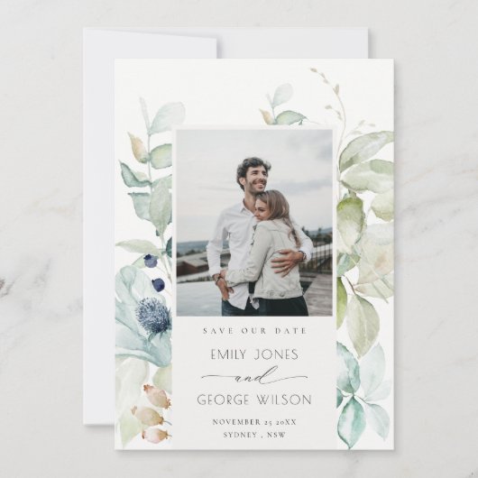 Pastel Blue Green Foliage Save the Date Photo Card Bedankkaart (Voorkant)