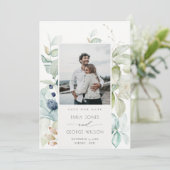 Pastel Blue Green Foliage Save the Date Photo Card Bedankkaart (Staand voorkant)