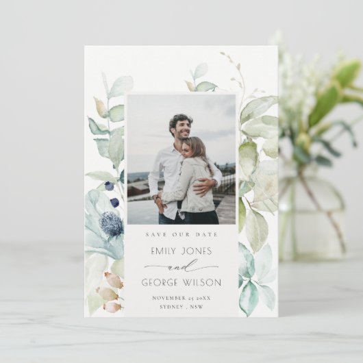 Pastel Blue Green Foliage Save the Date Photo Card Bedankkaart (Staand voorkant)