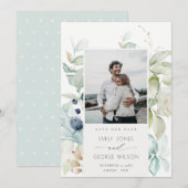 Pastel Blue Green Foliage Save the Date Photo Card Bedankkaart (Voorkant / Achterkant)