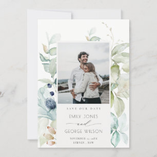 Pastel Blue Green Foliage Save the Date Photo Card Bedankkaart
