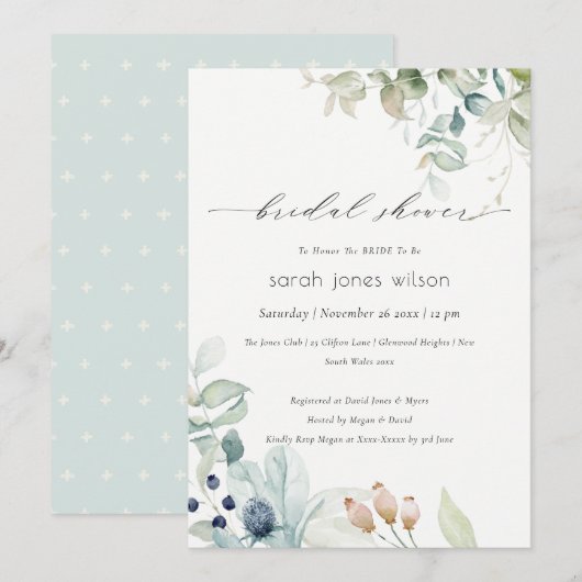 Pastel Blue Green Foliage Vrijgezellenfeest Invite Bedankkaart (Voorkant / Achterkant)