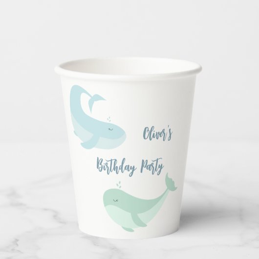 Pastel Blue Green Whale Birthday Party Papieren Bekers (Voorkant)