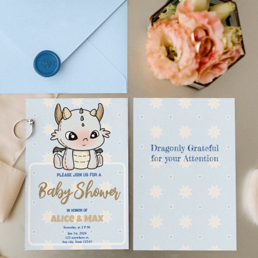 Pastel Blue Grey Baby Dragon Baby shower Kaart
