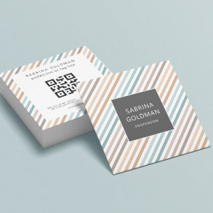 Pastel Blue Grey Gold Stripes QR CODE Vierkante Visitekaartje