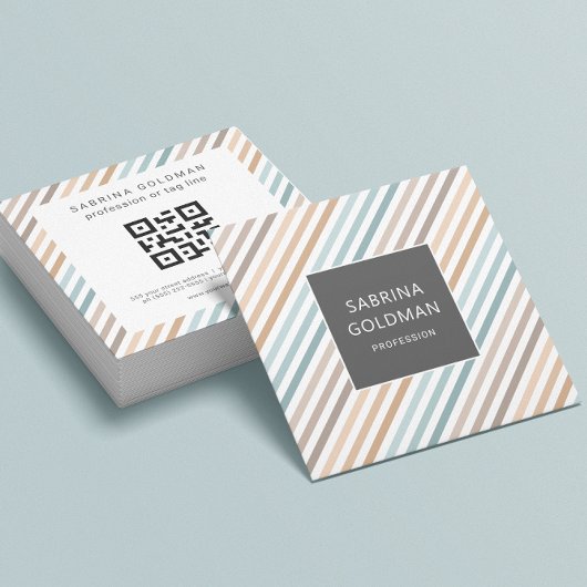 Pastel Blue Grey Gold Stripes QR CODE Vierkante Visitekaartje