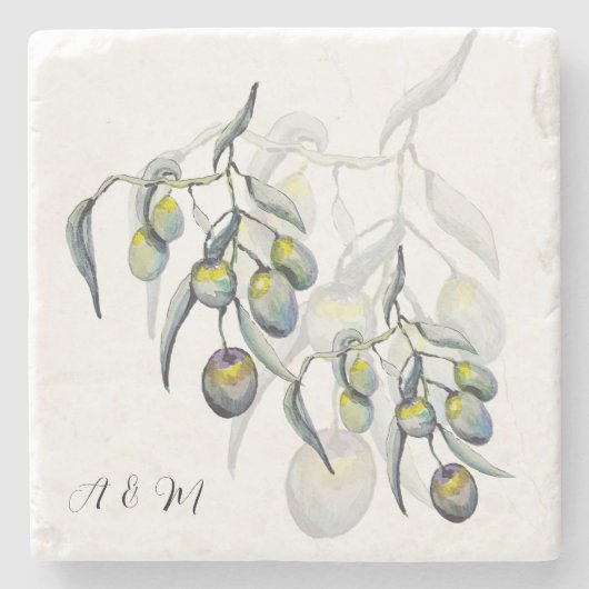 Pastel Blue Grey Olive Branch Waterverf Stenen Onderzetter (Voorkant)