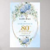 Pastel Blue Hydrangeas Gold Accent 80th birthday  Poster (Voorkant)