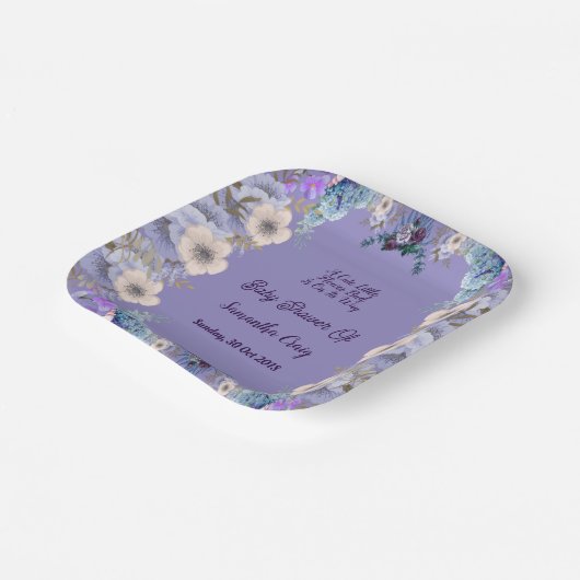 Pastel Blue Little Flower Bud Lila Baby shower Papieren Bordje (Gebogen)