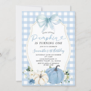Pastel Blue Little Pumpkin Gingham 1e verjaardag Kaart