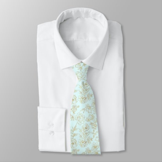 Pastel Blue, met gouden Rozen. Stropdas (Gebonden)