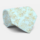 Pastel Blue, met gouden Rozen. Stropdas (Opgerold)