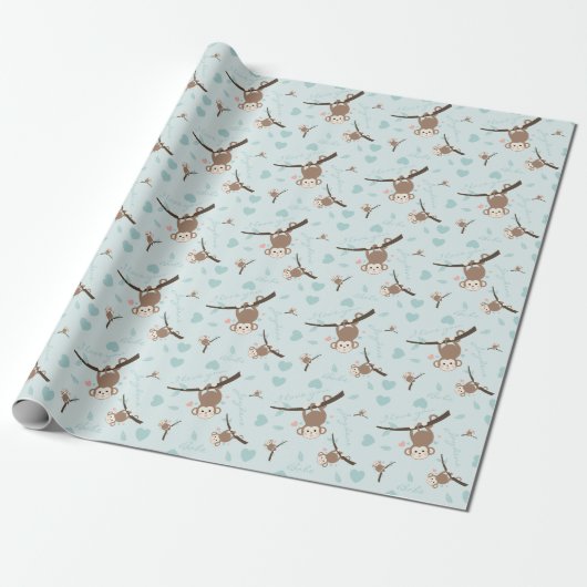 Pastel Blue Monkey Valentine Wrapping Paper Cadeaupapier (Uitgerold)