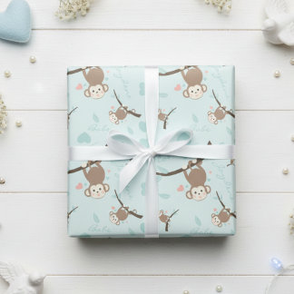 Pastel Blue Monkey Valentine Wrapping Paper  Cadeaupapier