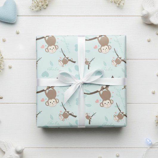 Pastel Blue Monkey Valentine Wrapping Paper Cadeaupapier