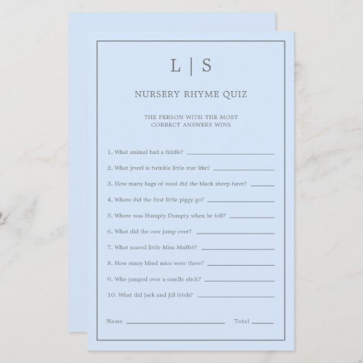 Pastel Blue Nursery Rhyme Quiz Baby shower Game (Voorkant / Achterkant)