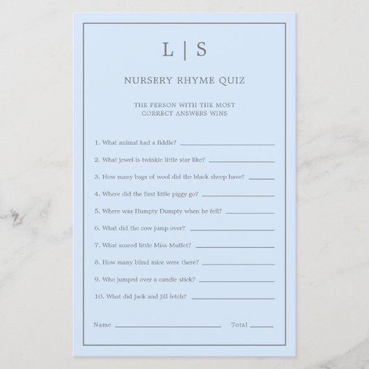 Pastel Blue Nursery Rhyme Quiz Baby shower Game (Voorkant)