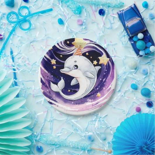 Pastel Blue Ocean Dolfijn Verjaardag Papieren Bordje (Feest)