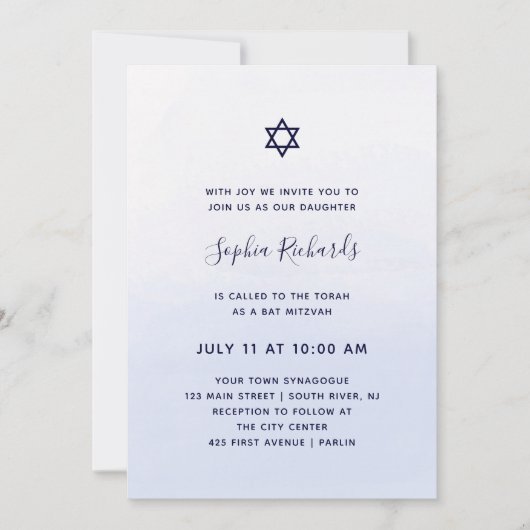 Pastel Blue Ombre Waterverf | Bat Mitzvah Kaart (Voorkant)