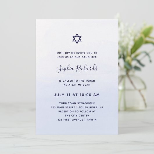 Pastel Blue Ombre Waterverf | Bat Mitzvah Kaart (Staand voorkant)