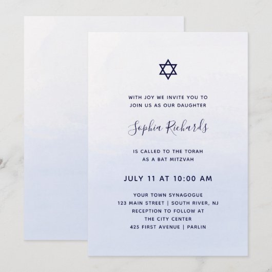 Pastel Blue Ombre Waterverf | Bat Mitzvah Kaart (Voorkant / Achterkant)