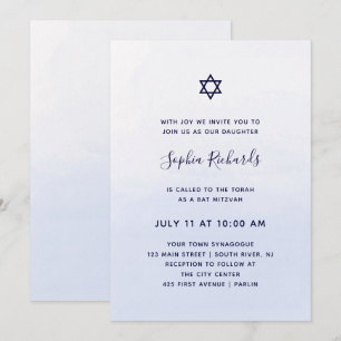 Pastel Blue Ombre Waterverf   Bat Mitzvah Kaart
