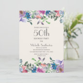 Pastel Blue Paars Floral Women's 50th Birthday Kaart (Staand voorkant)